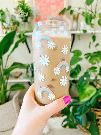 20oz Rainbow Daisy Iced Coffee Beer Can Glass