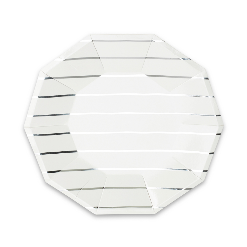 Frenchie Metallic Striped Large Plates - 8 Pk.: Silver