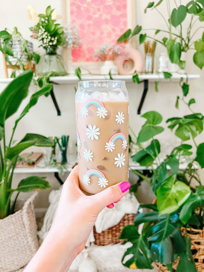 20oz Rainbow Daisy Iced Coffee Beer Can Glass